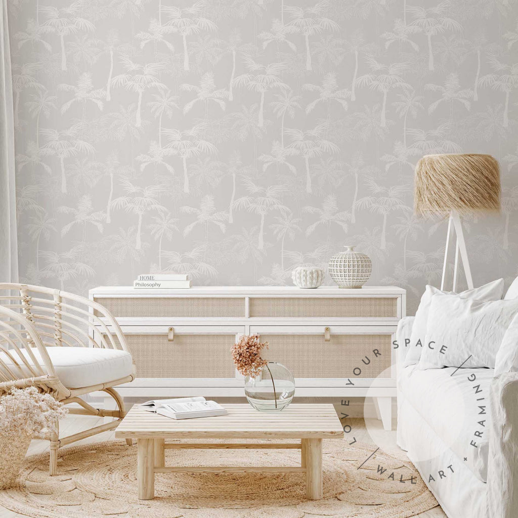 Palms on Soft Grey  Designer Wallpaper