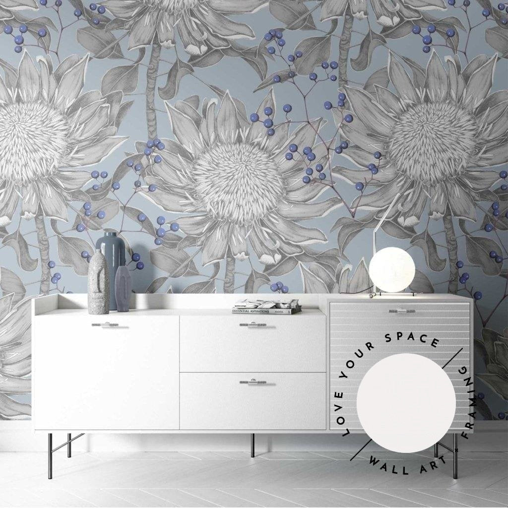 Protea On Blue Designer Wallpaper - Love Your Space